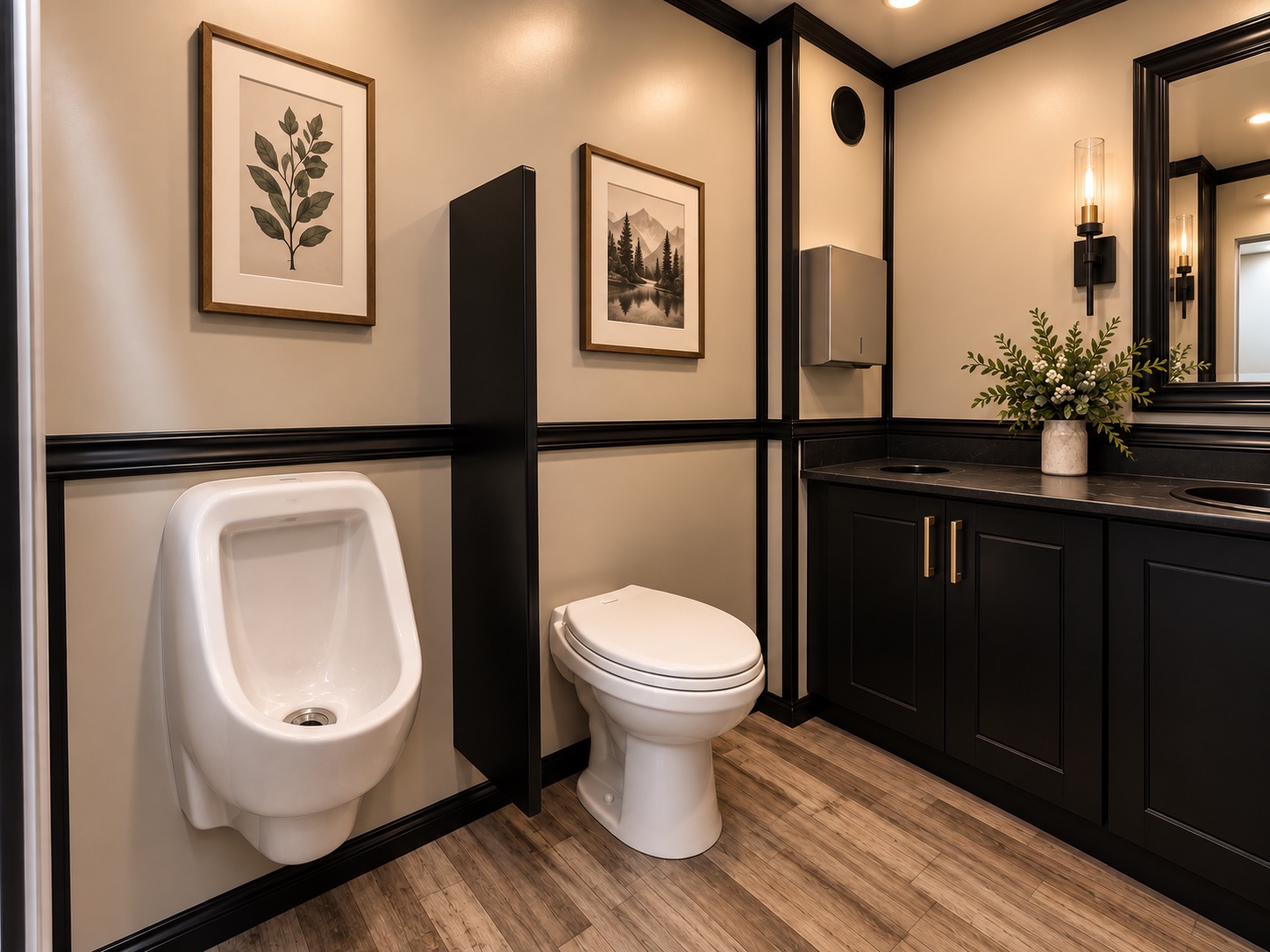 Basecamp series interior with urinal, toilet stall, and vanity