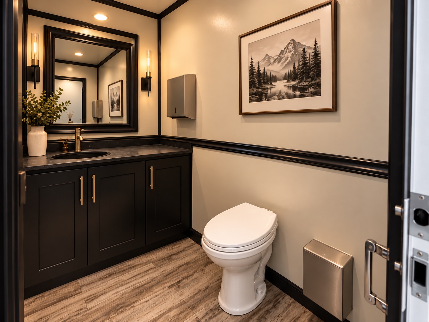 Basecamp series interior with dark wood vanity and private toilet stall