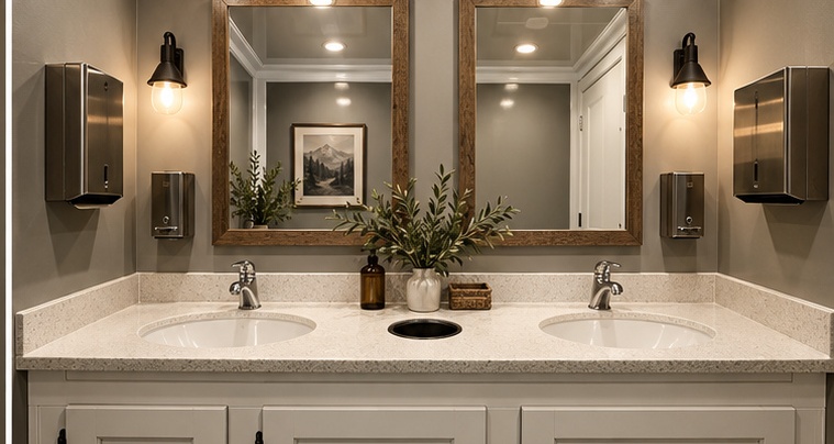 Summit series double vanity with wood-framed mirrors