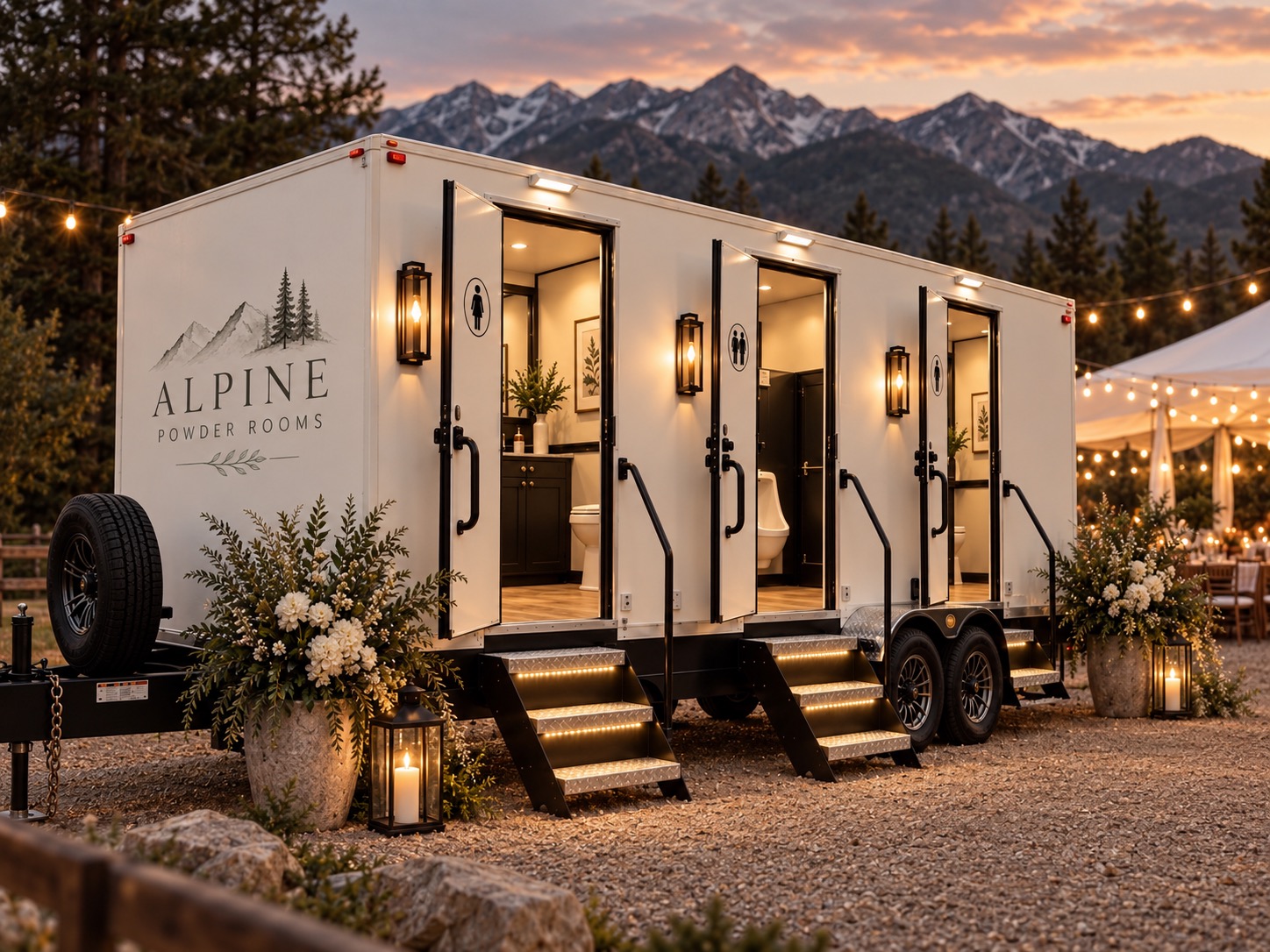 Alpine Powder Rooms trailer at dusk with mountain backdrop and market lighting